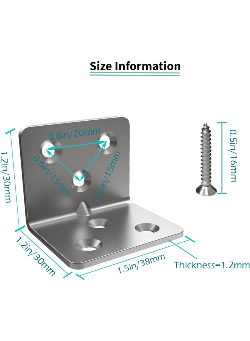 jaexest طقم 20 قطعة كتيفة زاوية من الفولاذ المقاوم للصدأ ثقيلة التحمل، دعامة زاوية قائمة بشكل L لرفوف الخشب والأثاث، مقاس 1.5x1.2x1.2 بوصة، دعامة زاوية معدنية صغيرة لمشاريع DIY المنزلية - Image 3
